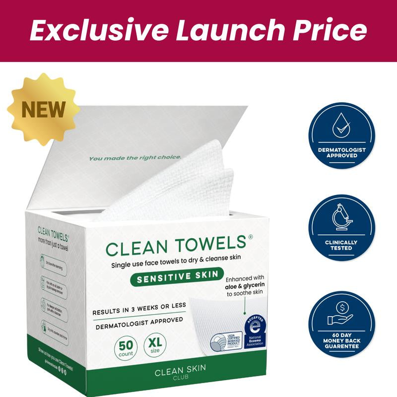 Clean Skin Club Clean Towels® XL Sensitive Skin | Ultra-Soft Disposable Face Towel Infused with Aloe & Glycerin | Dermatologist-Approved, Single-Use Towelette for Sensitive & Reactive Skin, 50 Count